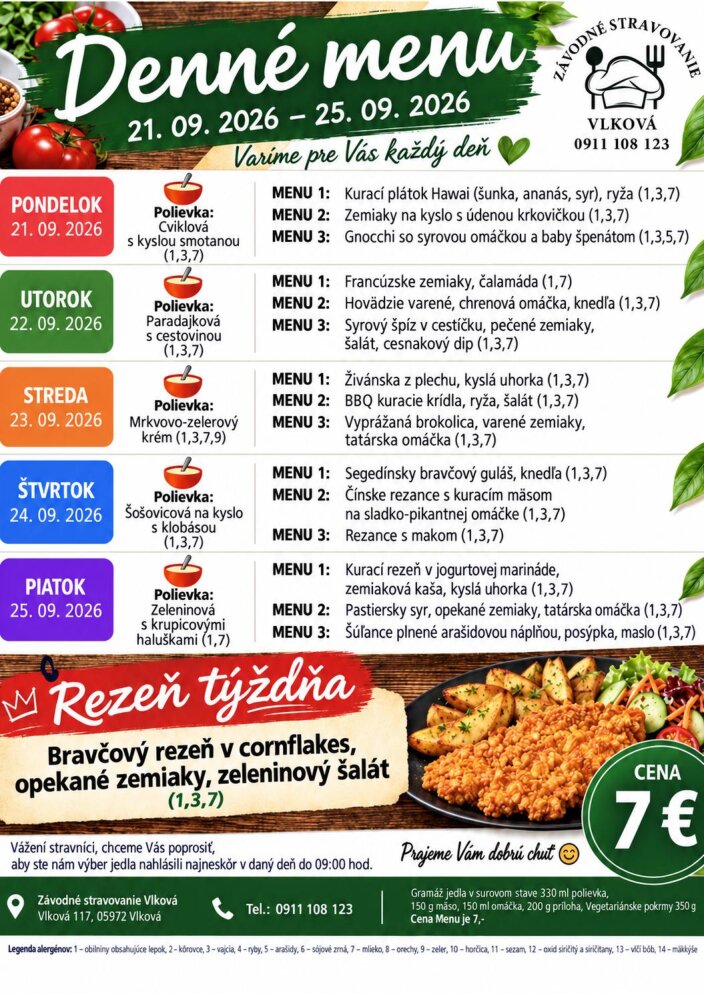 Denné menu 21.9.–25.9.2026 v Závodnom stravovaní Vilková